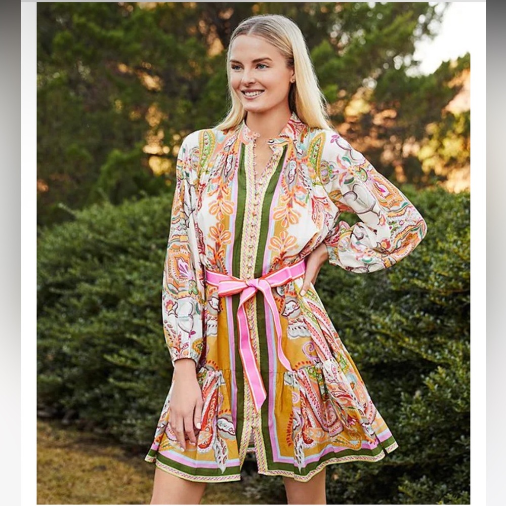 NWT Antonio Melani Brynn Pink Scarf Floral Border Print Hem Button Front Dress